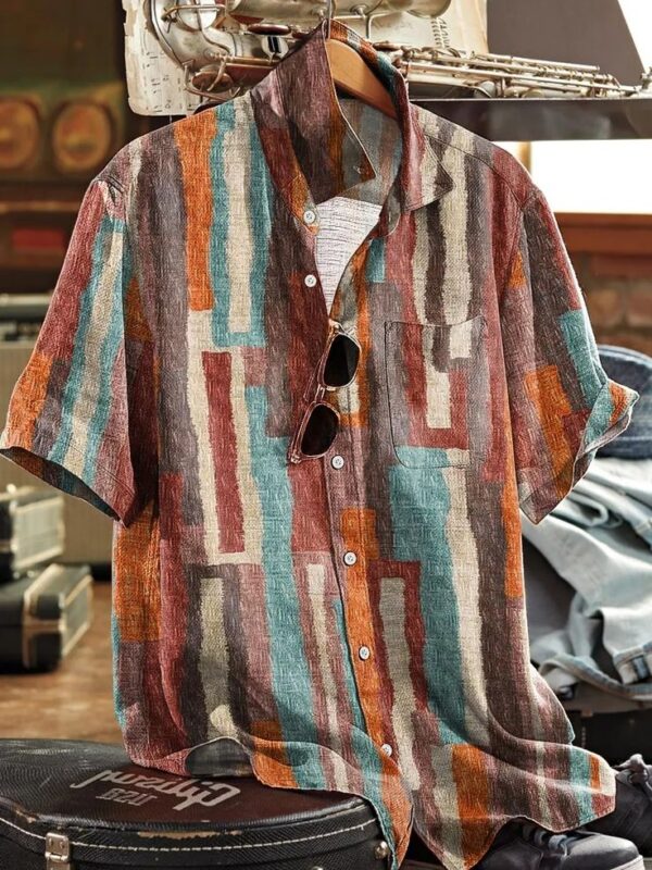 Men's Retro Geometric Print Short Sleeve Button-Down Shirt